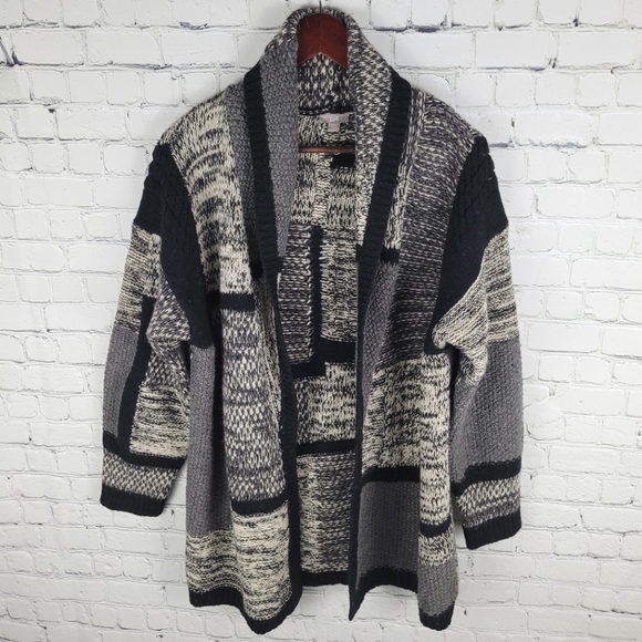 J. JILL | wool blend chunky patchwork knit long sleeve open cardigan - Picture 1 of 6